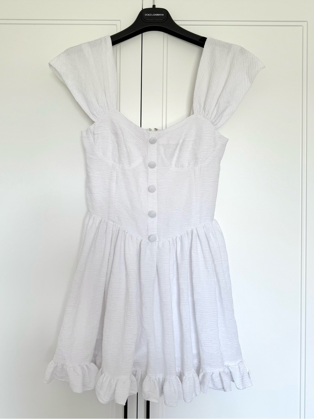 White Ruffle-Hem Mini Dress with Button Front